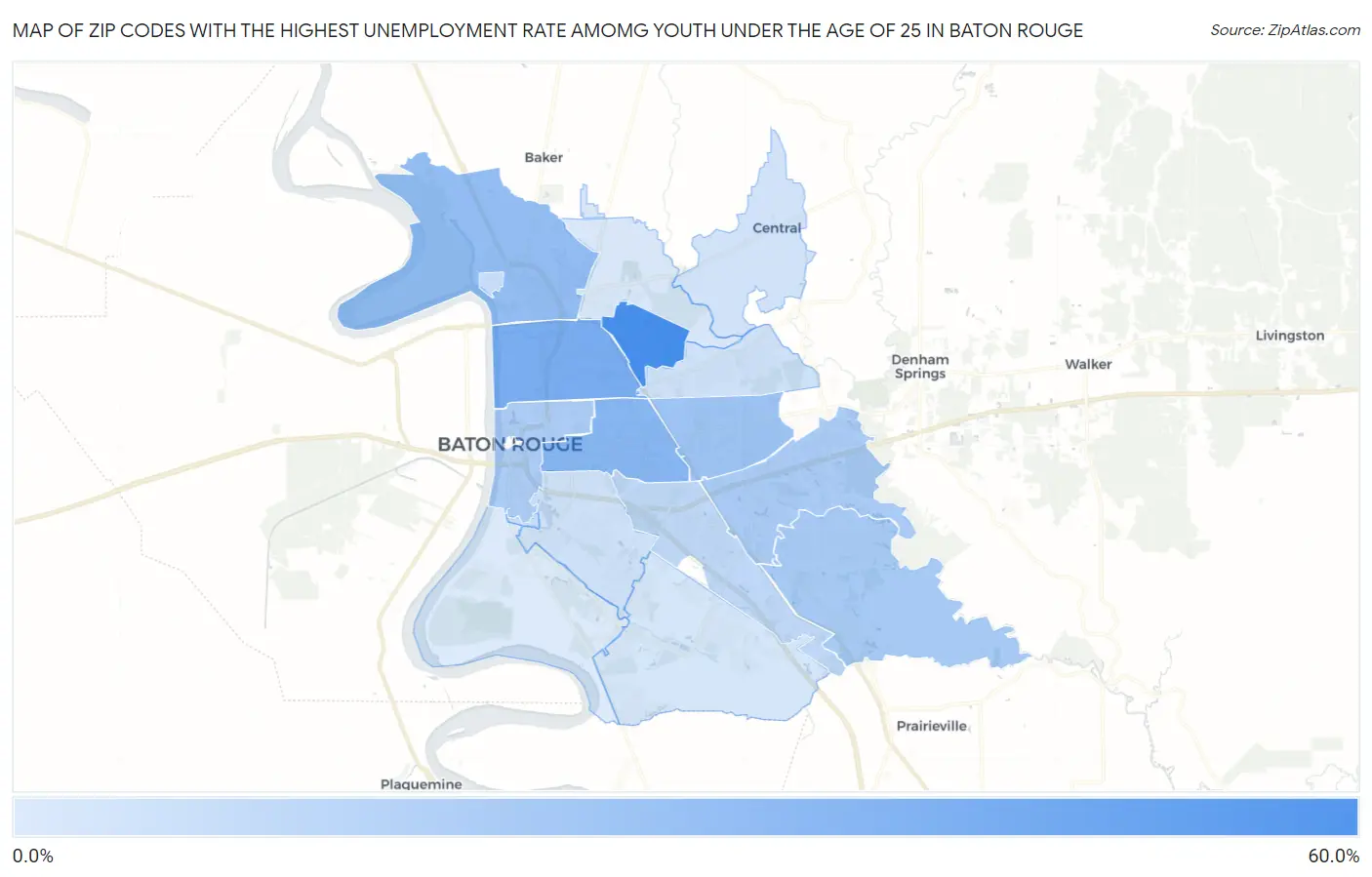 Zip Codes with the Highest Unemployment Rate Amomg Youth Under the Age of 25 in Baton Rouge Map