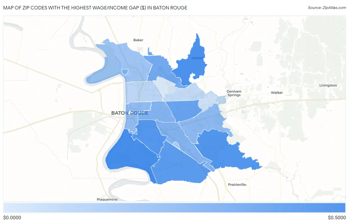 Zip Codes with the Highest Wage/Income Gap ($) in Baton Rouge Map