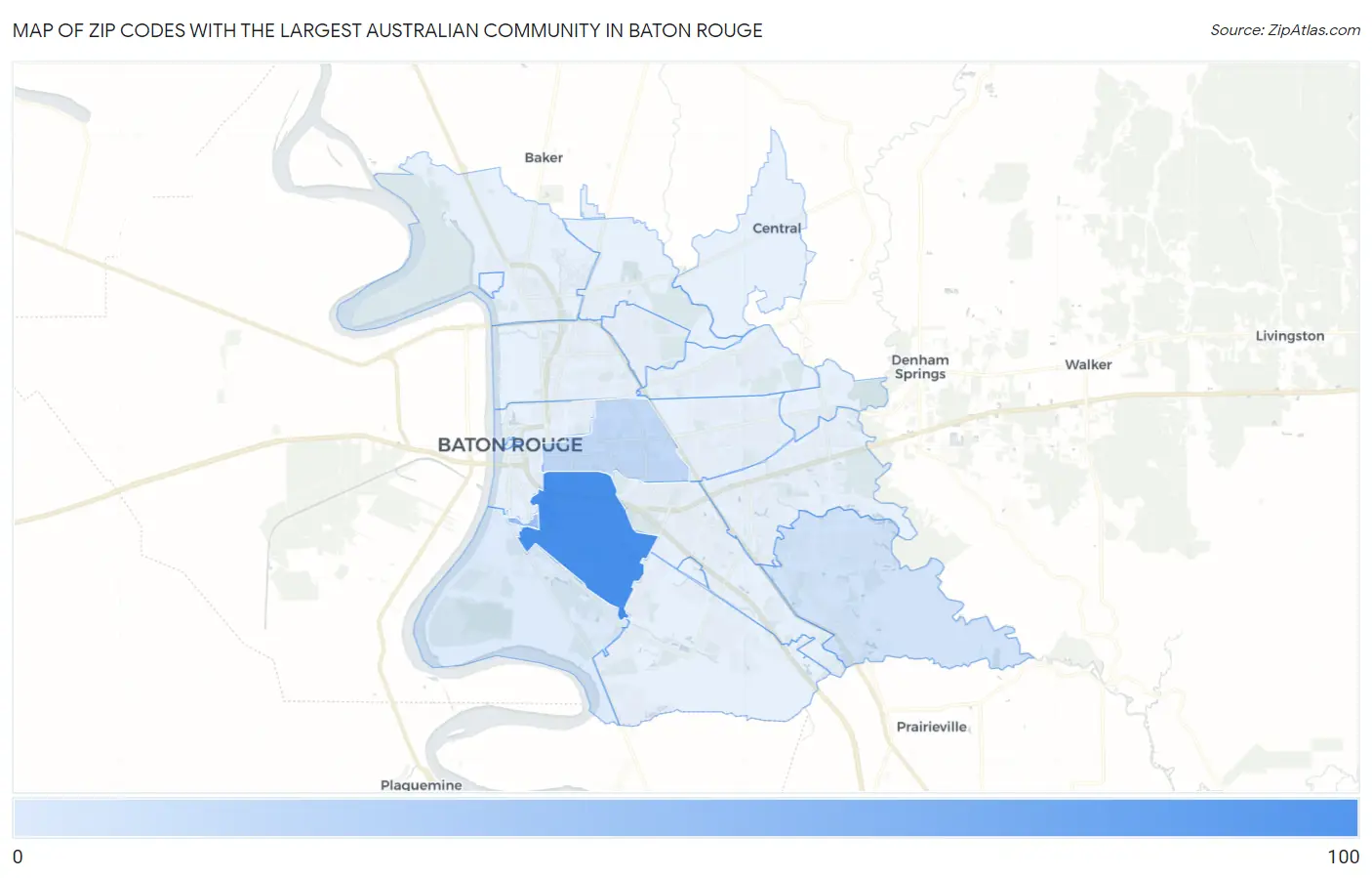 Zip Codes with the Largest Australian Community in Baton Rouge Map