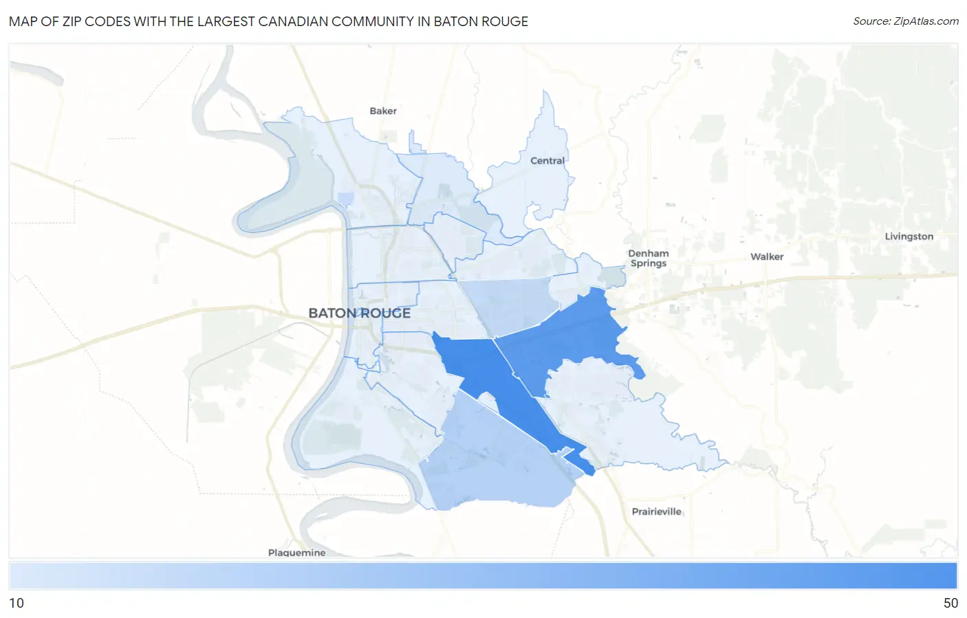 Zip Codes with the Largest Canadian Community in Baton Rouge Map