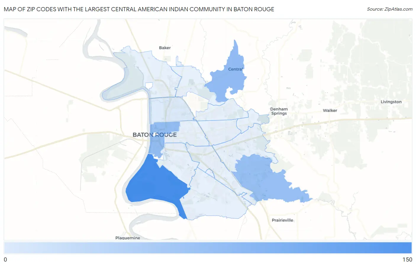 Zip Codes with the Largest Central American Indian Community in Baton Rouge Map