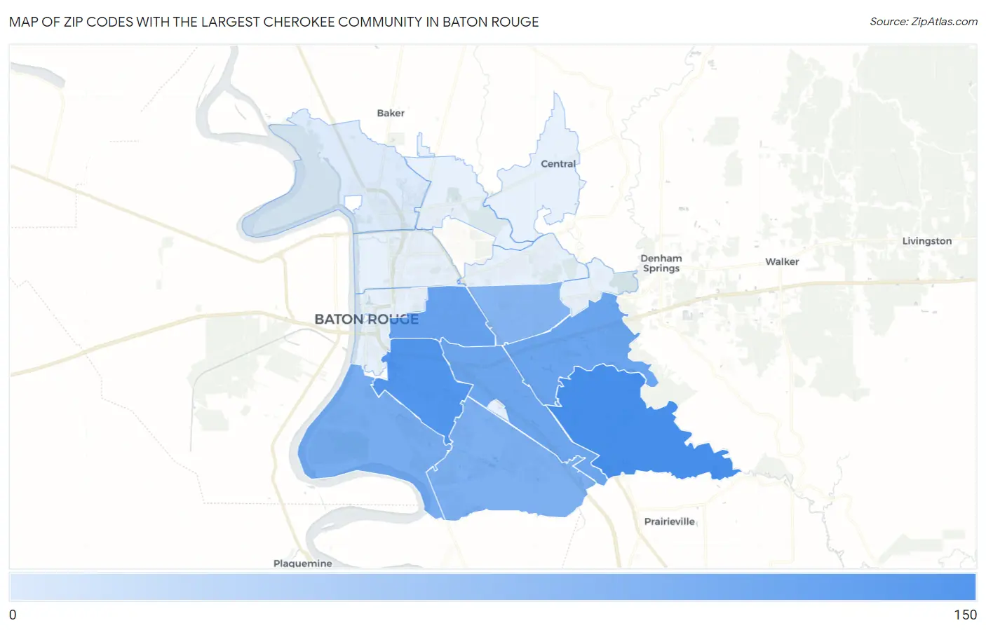 Zip Codes with the Largest Cherokee Community in Baton Rouge Map
