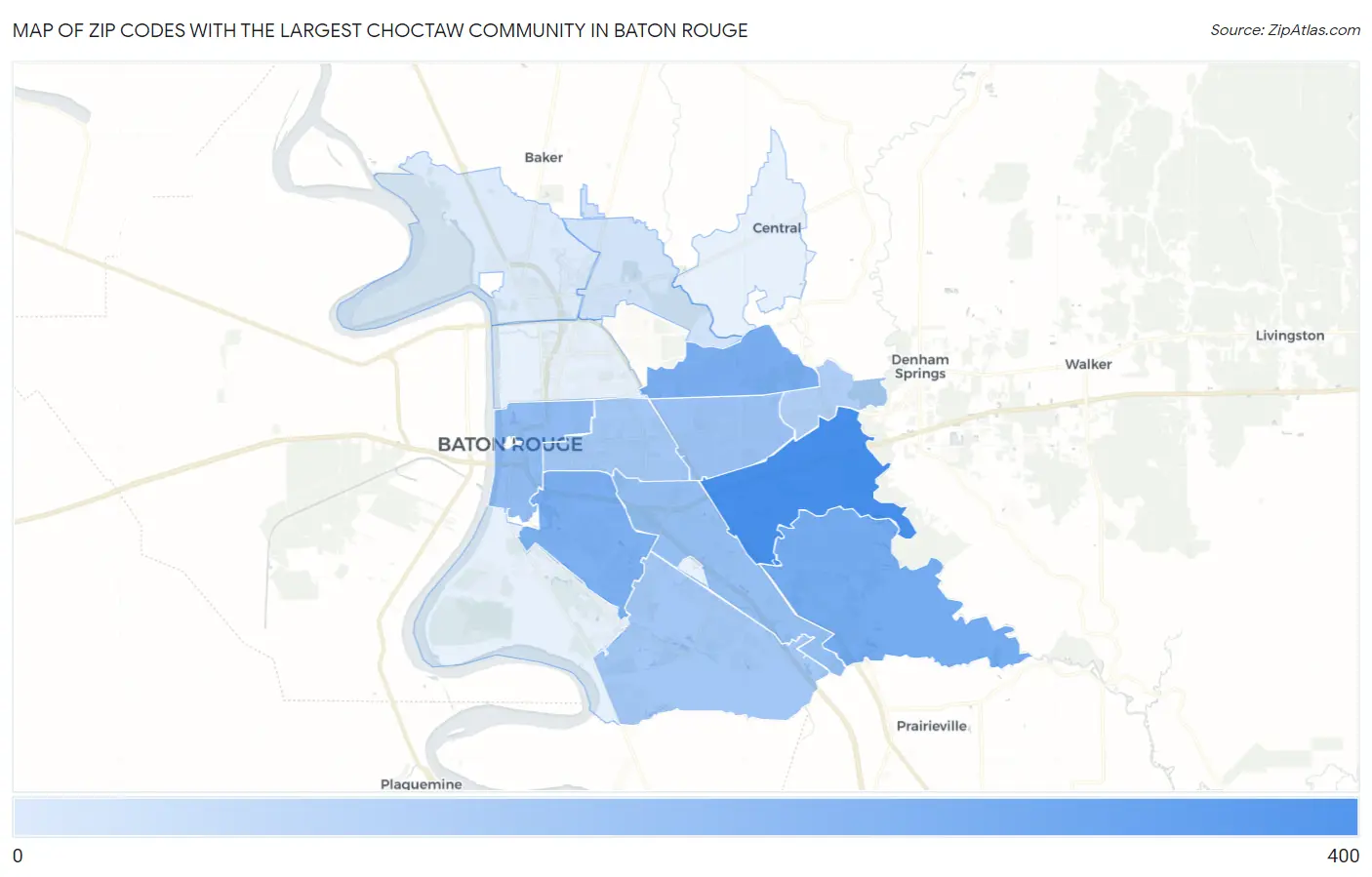 Zip Codes with the Largest Choctaw Community in Baton Rouge Map
