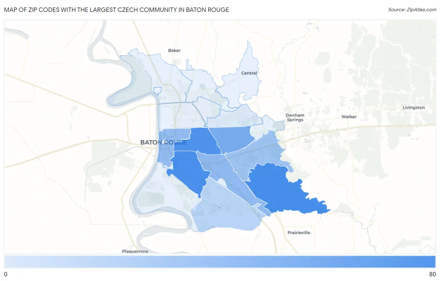 Zip Codes with the Largest Czech Community in Baton Rouge Map