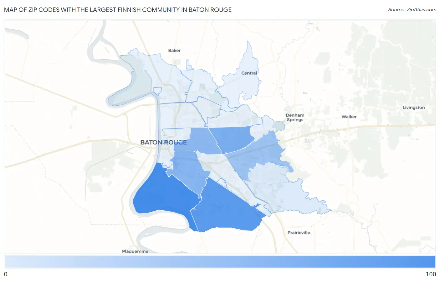 Zip Codes with the Largest Finnish Community in Baton Rouge Map