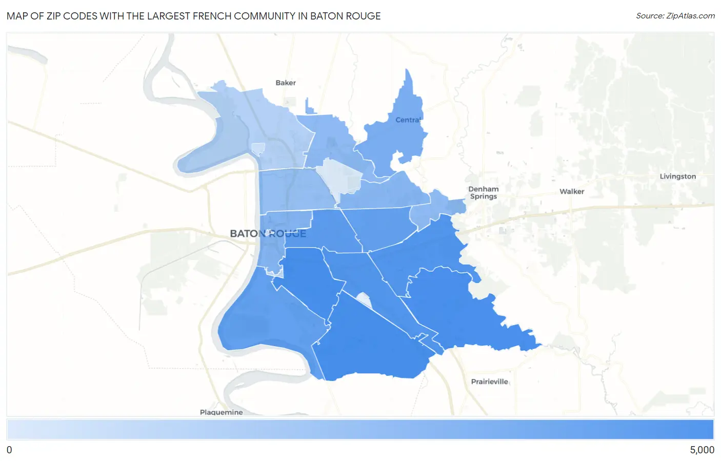 Zip Codes with the Largest French Community in Baton Rouge Map