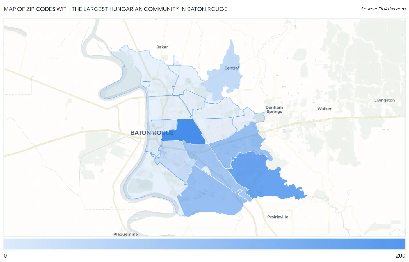 Zip Codes with the Largest Hungarian Community in Baton Rouge Map