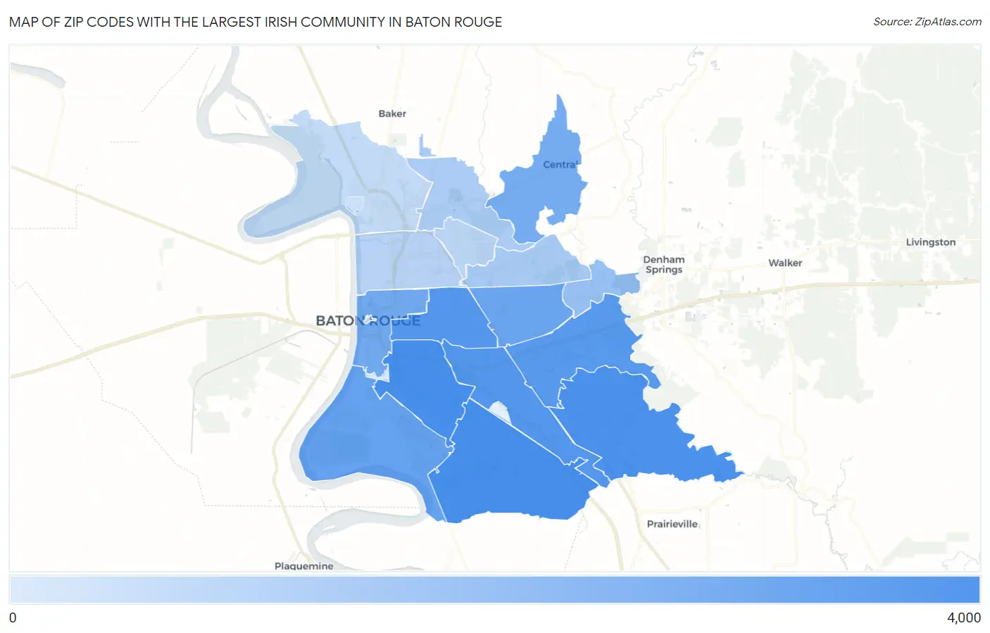 Zip Codes with the Largest Irish Community in Baton Rouge Map