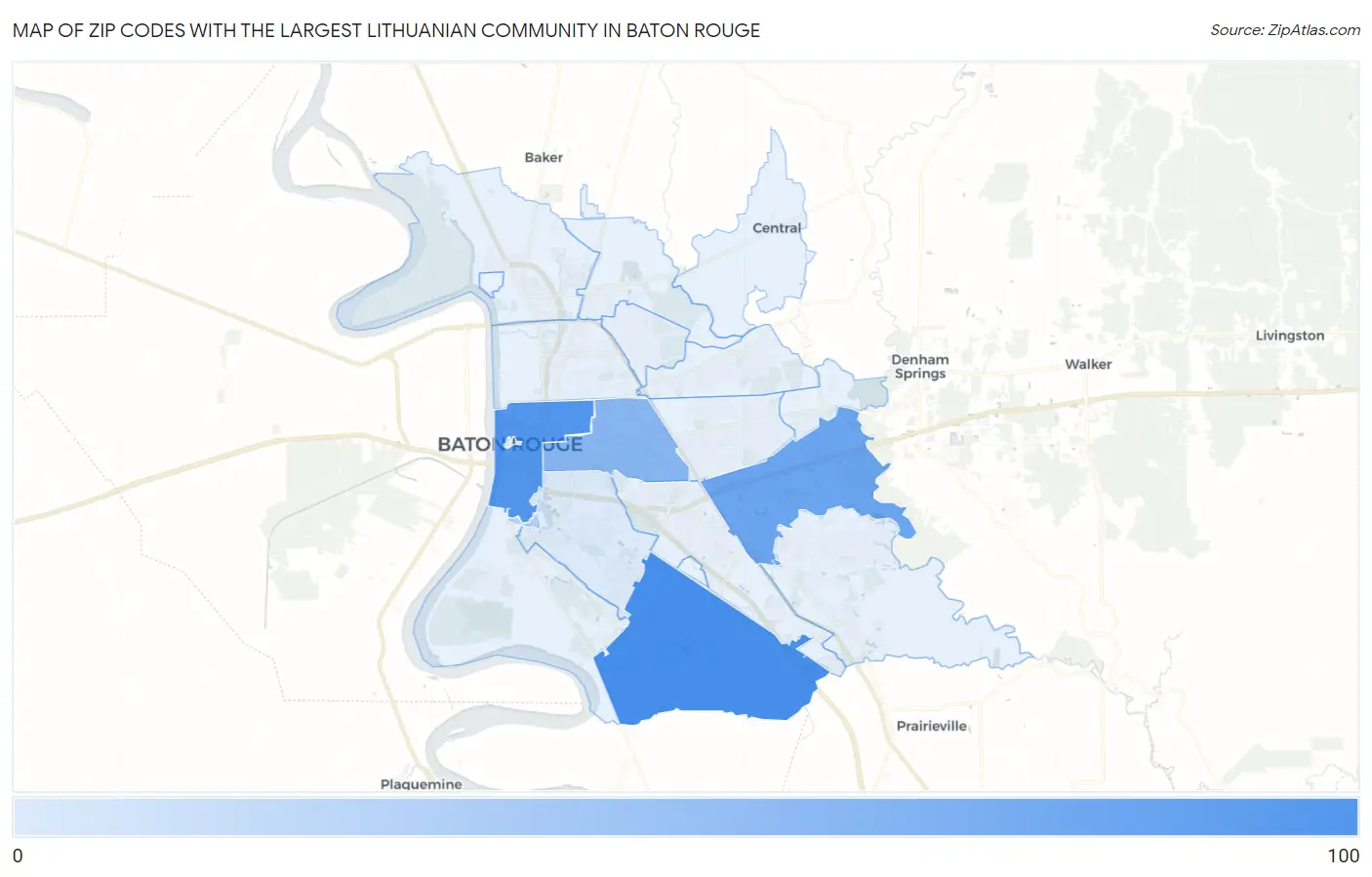 Zip Codes with the Largest Lithuanian Community in Baton Rouge Map