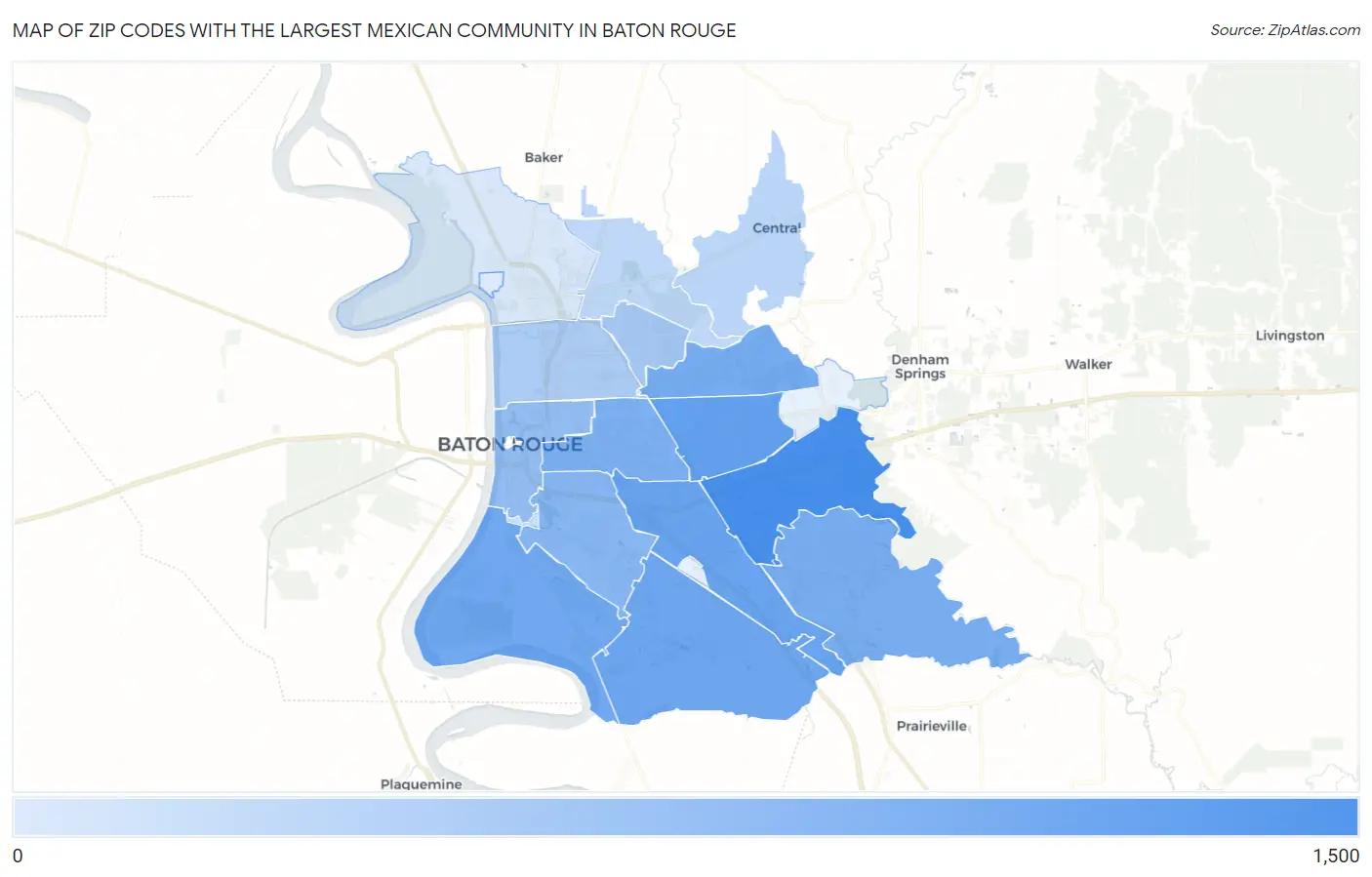 Zip Codes with the Largest Mexican Community in Baton Rouge Map