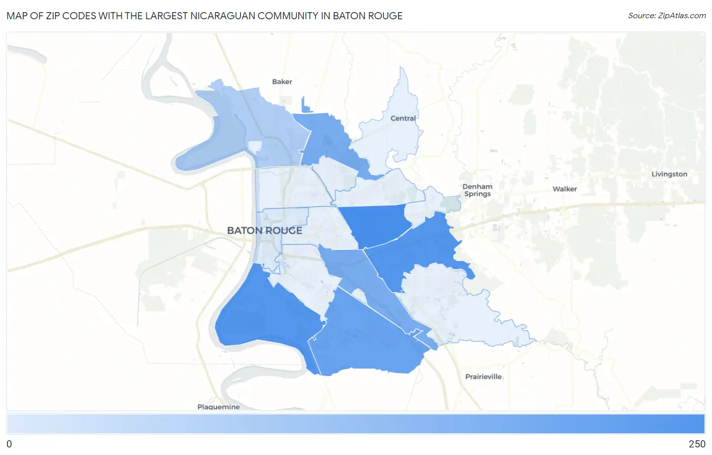 Zip Codes with the Largest Nicaraguan Community in Baton Rouge Map