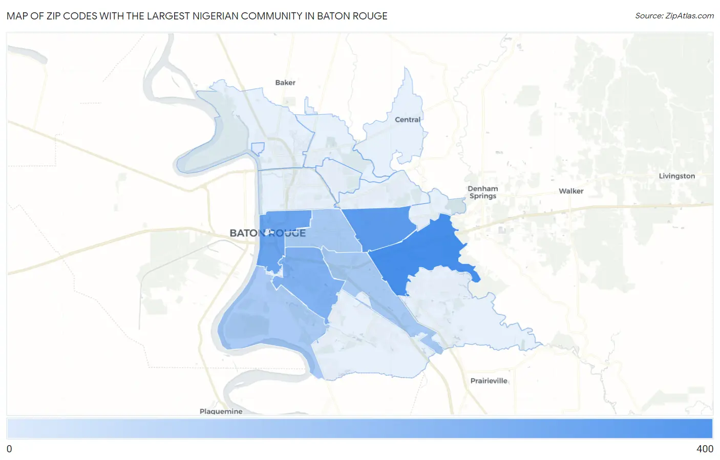 Zip Codes with the Largest Nigerian Community in Baton Rouge Map