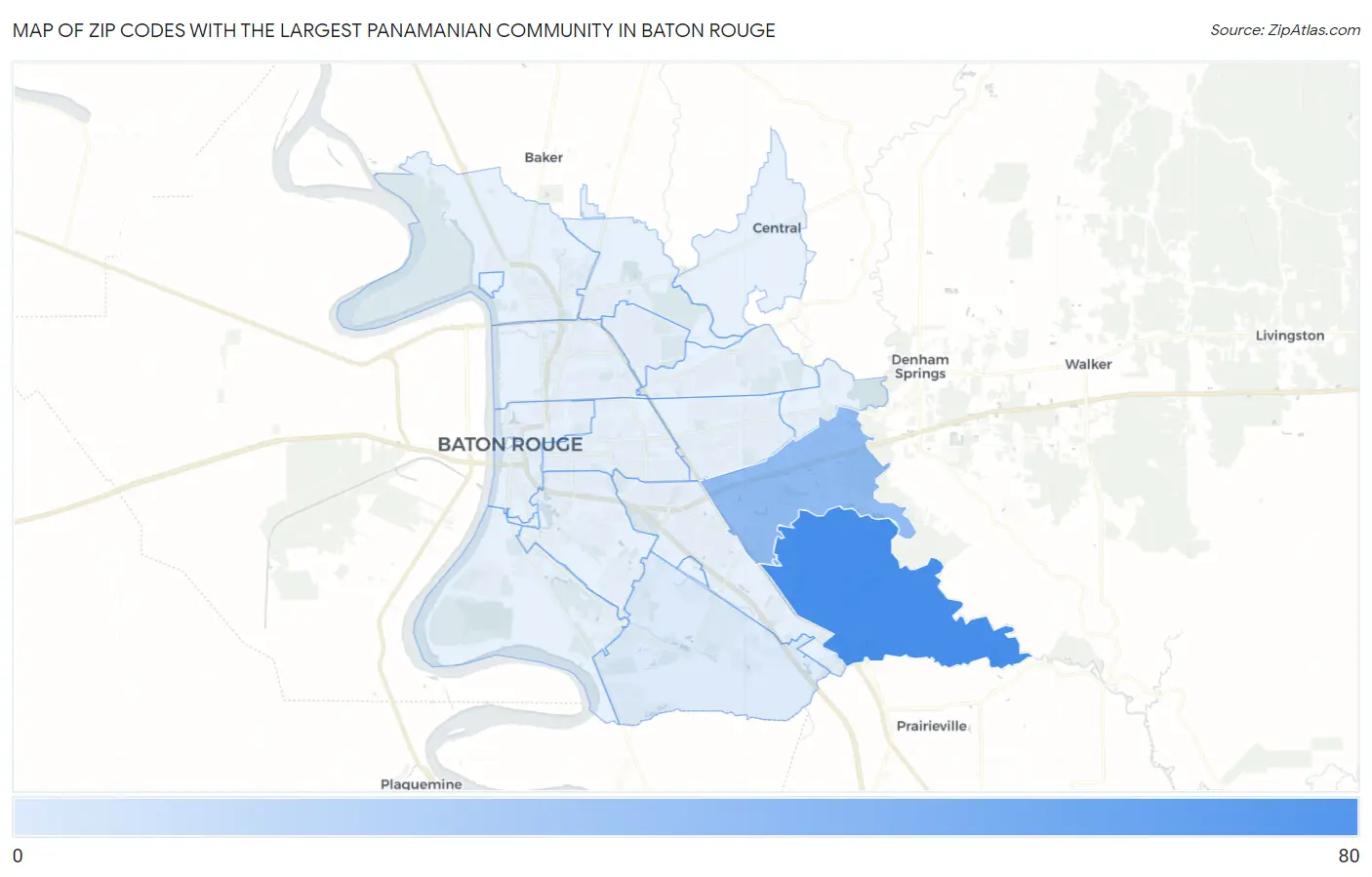 Zip Codes with the Largest Panamanian Community in Baton Rouge Map