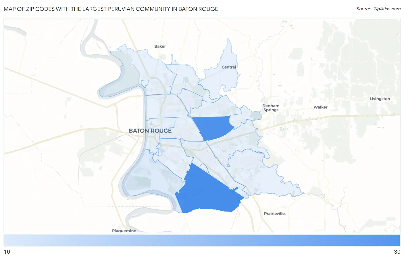 Zip Codes with the Largest Peruvian Community in Baton Rouge Map