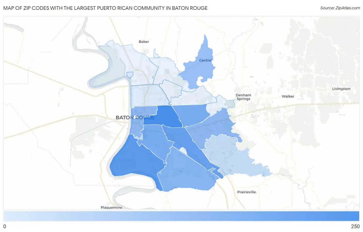 Zip Codes with the Largest Puerto Rican Community in Baton Rouge Map