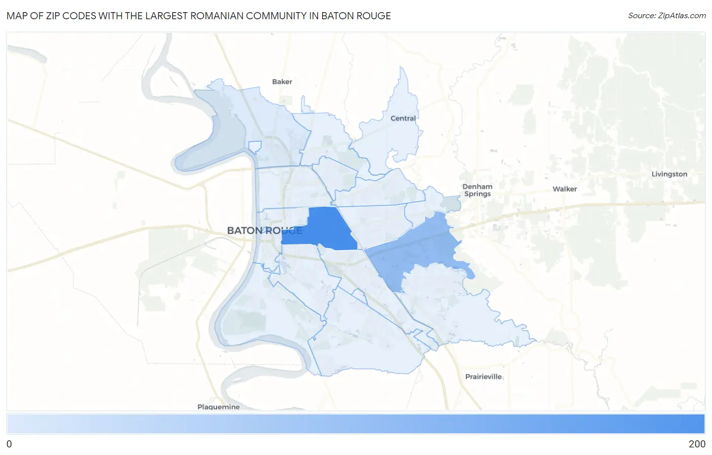 Zip Codes with the Largest Romanian Community in Baton Rouge Map