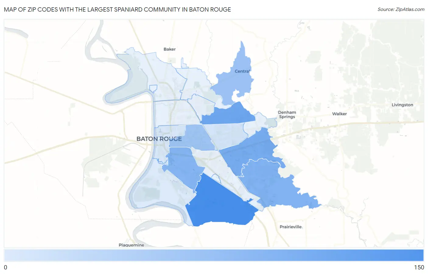 Zip Codes with the Largest Spaniard Community in Baton Rouge Map