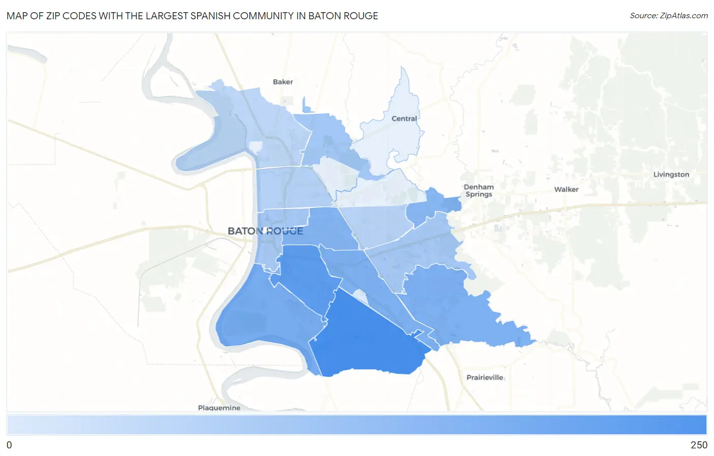 Zip Codes with the Largest Spanish Community in Baton Rouge Map