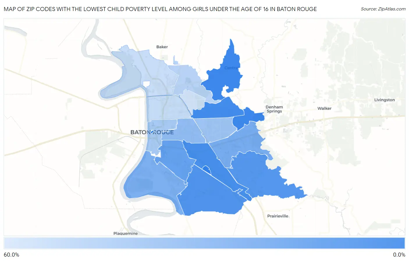 Zip Codes with the Lowest Child Poverty Level Among Girls Under the Age of 16 in Baton Rouge Map
