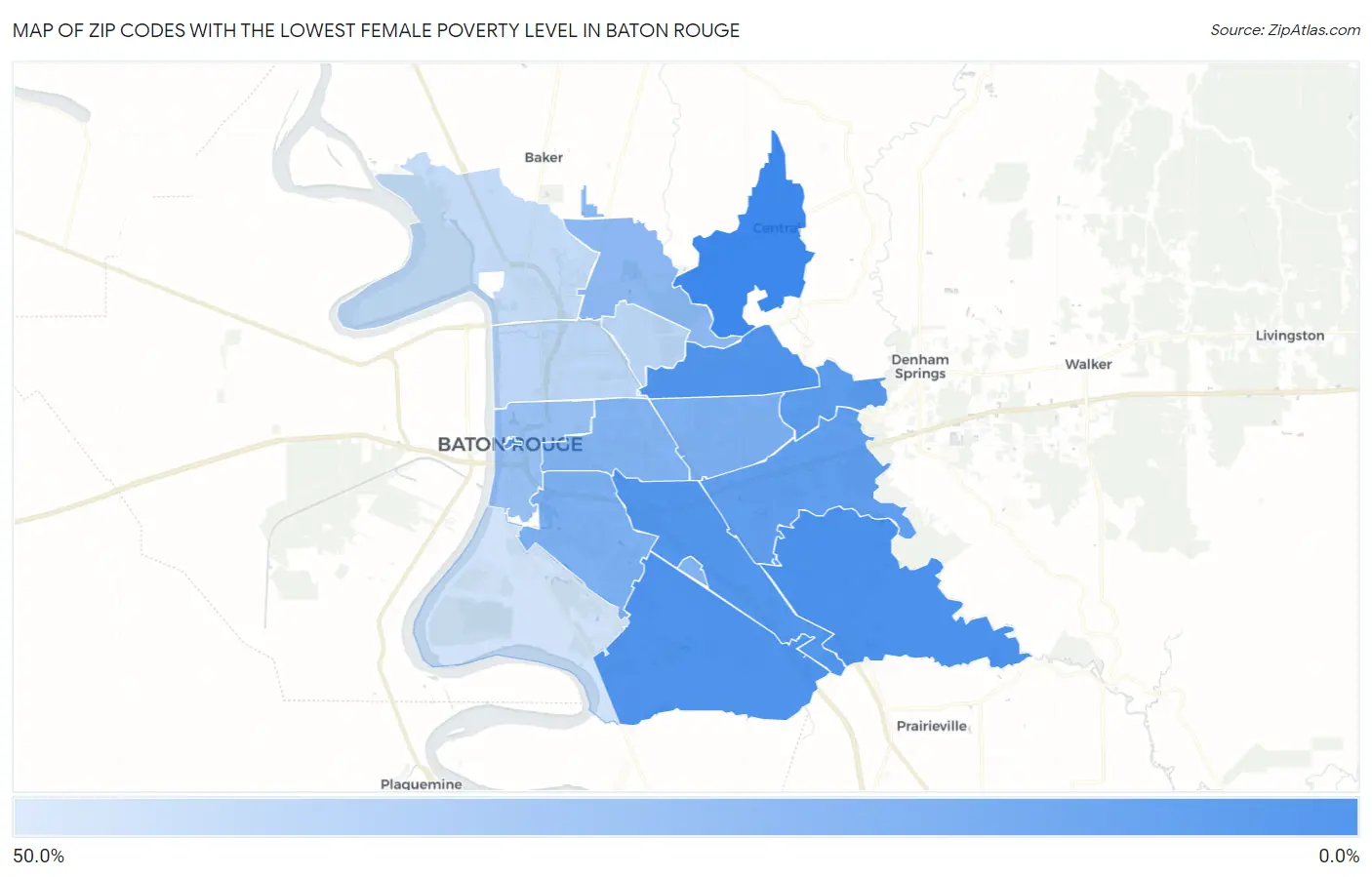 Zip Codes with the Lowest Female Poverty Level in Baton Rouge Map