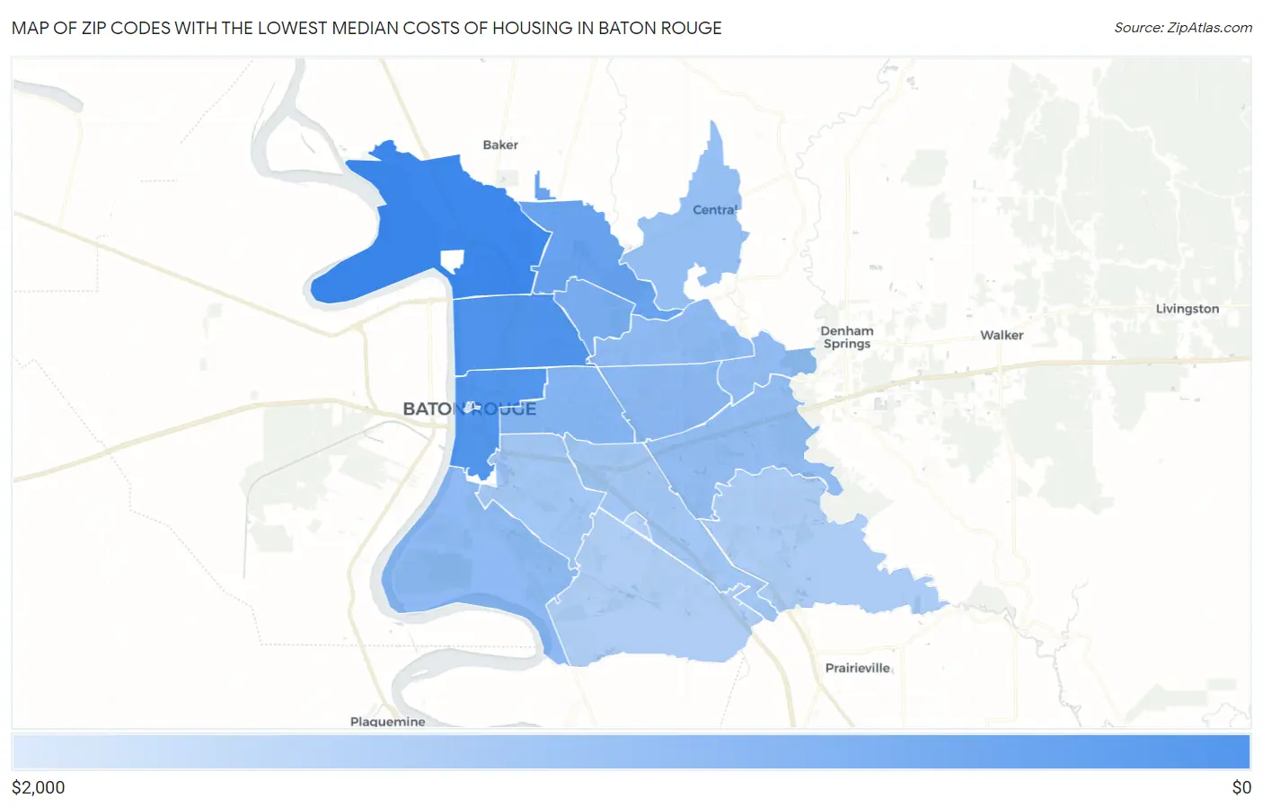 Zip Codes with the Lowest Median Costs of Housing in Baton Rouge Map