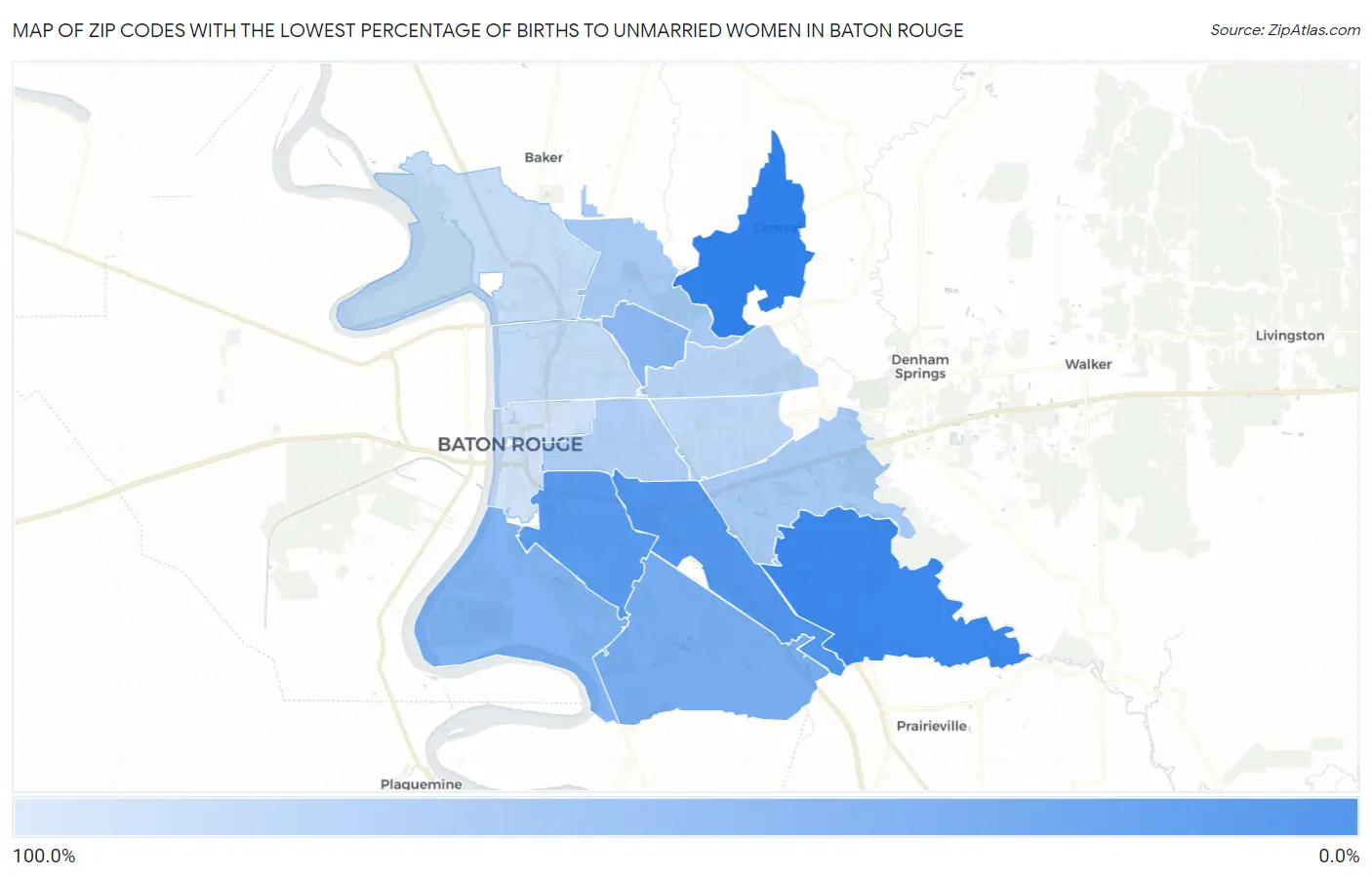 Zip Codes with the Lowest Percentage of Births to Unmarried Women in Baton Rouge Map