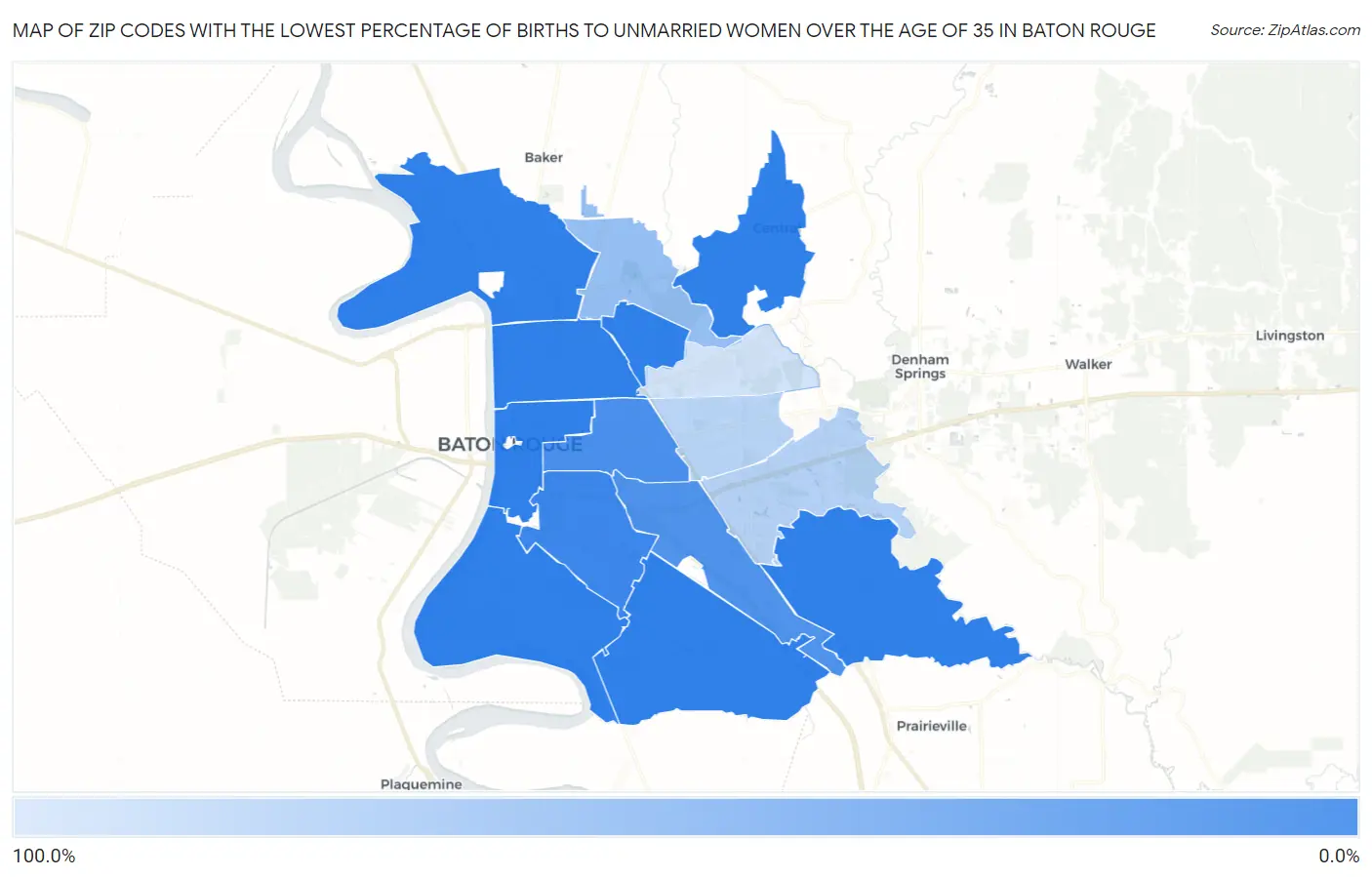 Zip Codes with the Lowest Percentage of Births to Unmarried Women over the Age of 35 in Baton Rouge Map