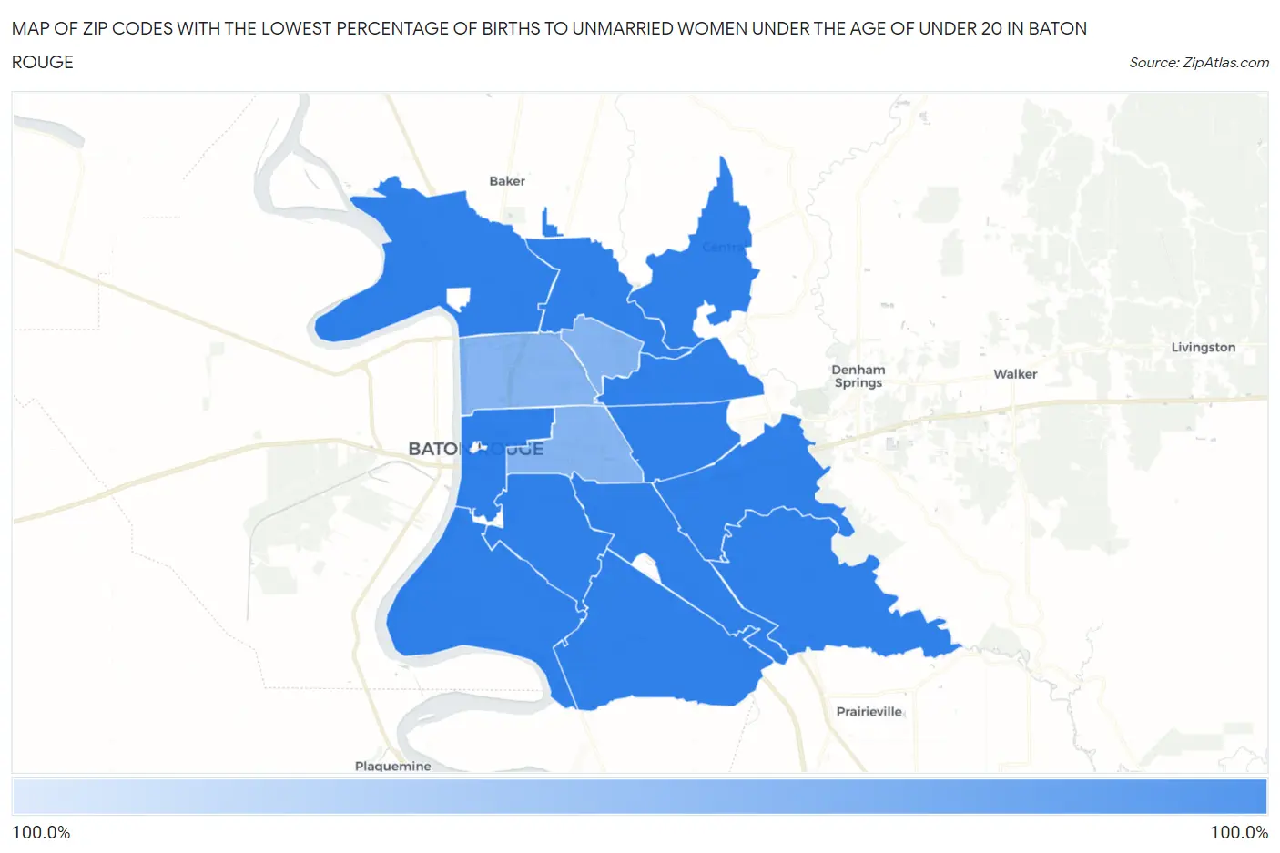 Zip Codes with the Lowest Percentage of Births to Unmarried Women under the Age of under 20 in Baton Rouge Map