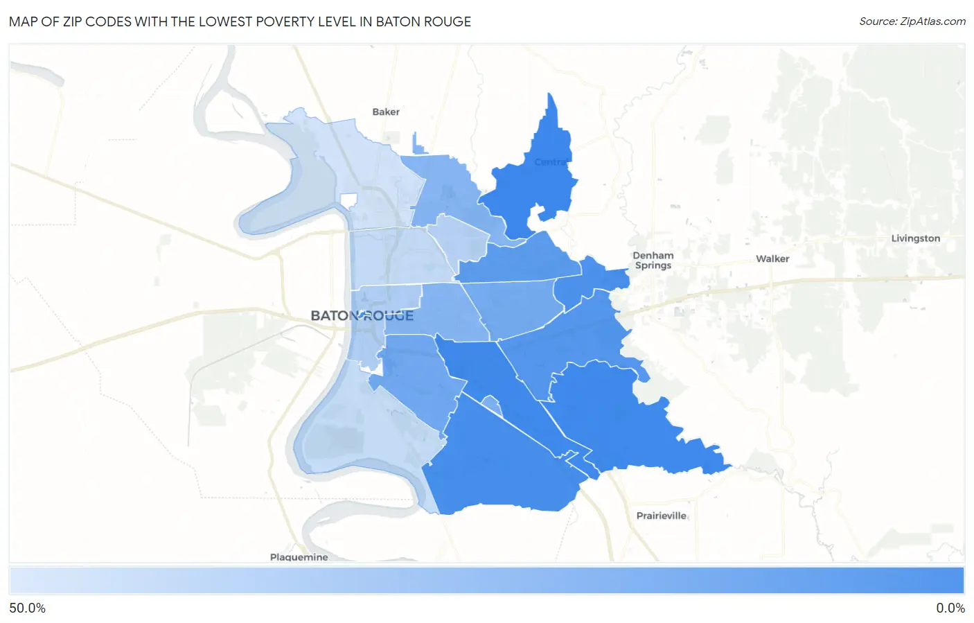 Zip Codes with the Lowest Poverty Level in Baton Rouge Map