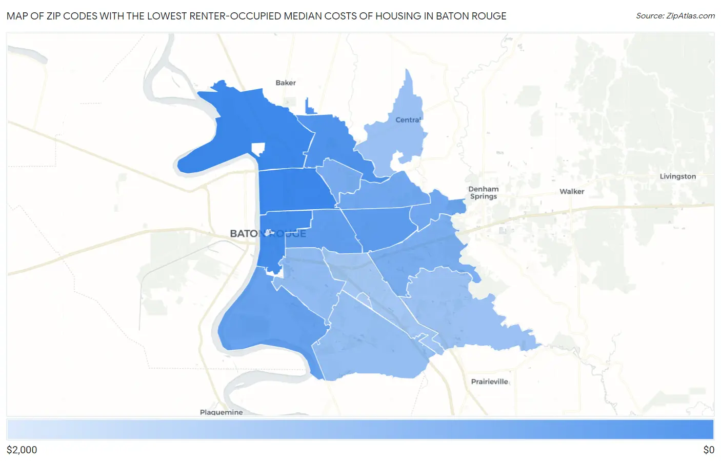 Zip Codes with the Lowest Renter-Occupied Median Costs of Housing in Baton Rouge Map