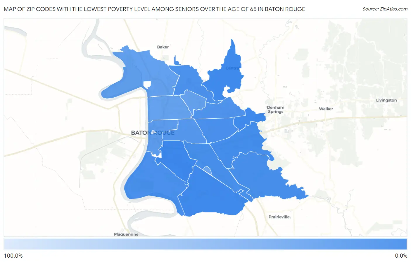 Zip Codes with the Lowest Poverty Level Among Seniors Over the Age of 65 in Baton Rouge Map