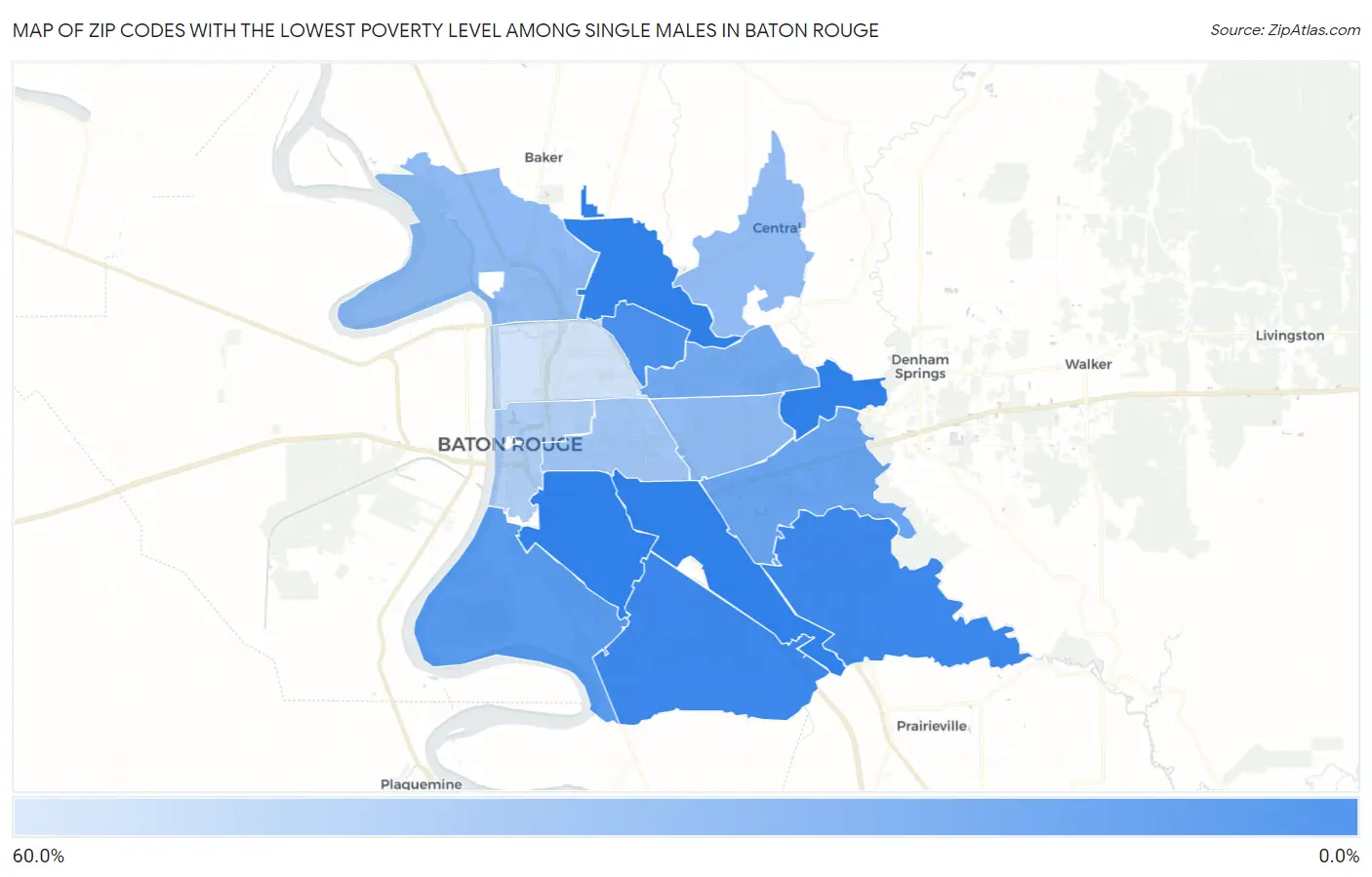 Zip Codes with the Lowest Poverty Level Among Single Males in Baton Rouge Map