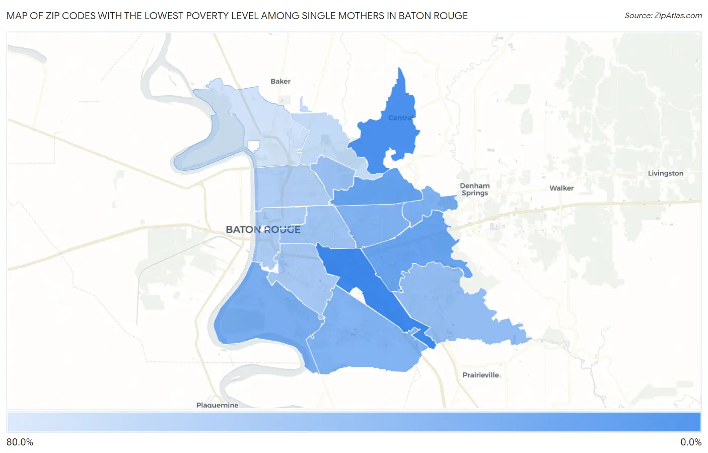 Zip Codes with the Lowest Poverty Level Among Single Mothers in Baton Rouge Map