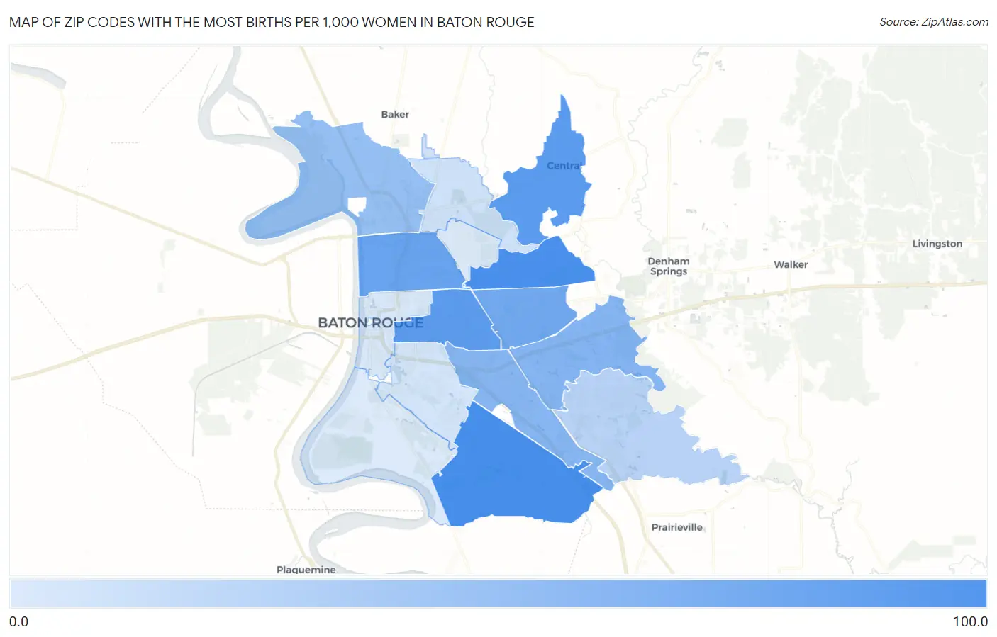 Zip Codes with the Most Births per 1,000 Women in Baton Rouge Map