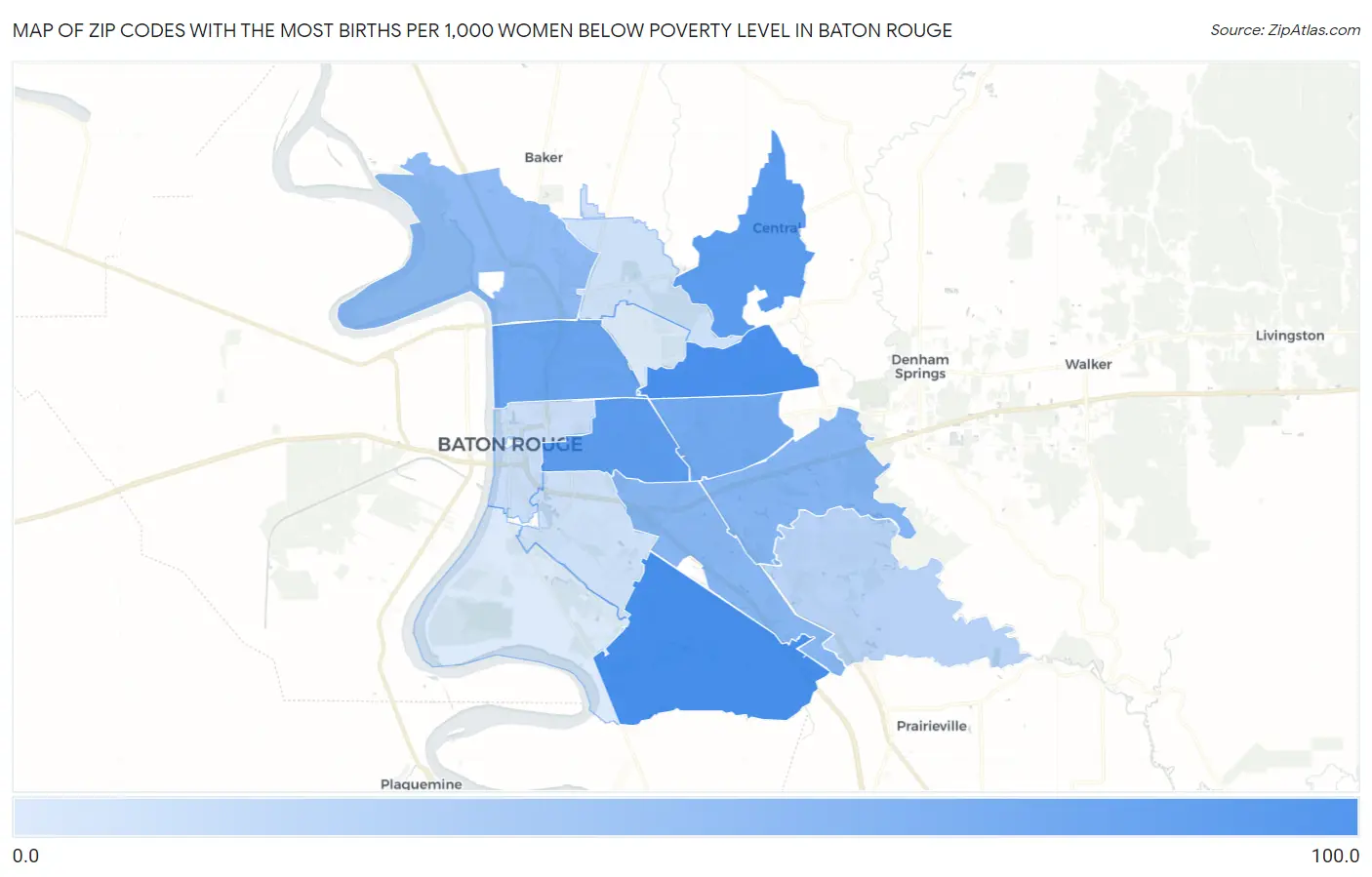 Zip Codes with the Most Births per 1,000 Women Below Poverty Level in Baton Rouge Map