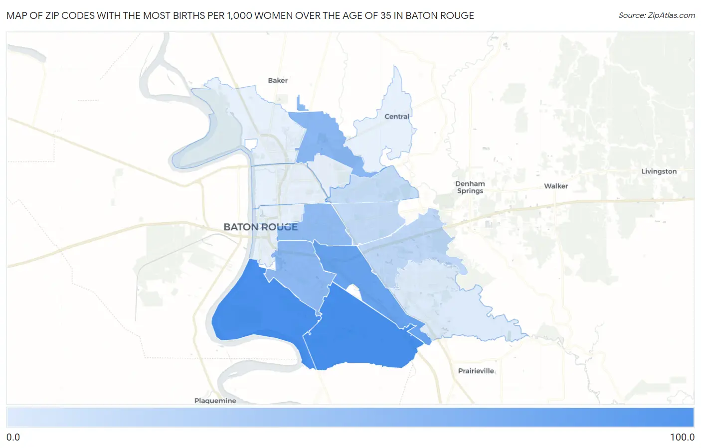Zip Codes with the Most Births per 1,000 Women Over the Age of 35 in Baton Rouge Map