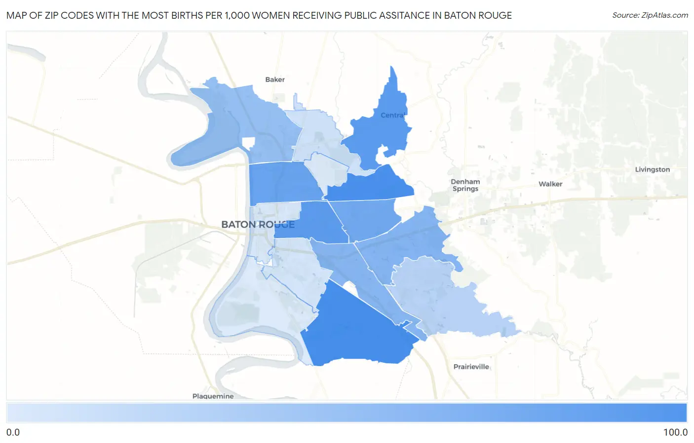 Zip Codes with the Most Births per 1,000 Women Receiving Public Assitance in Baton Rouge Map