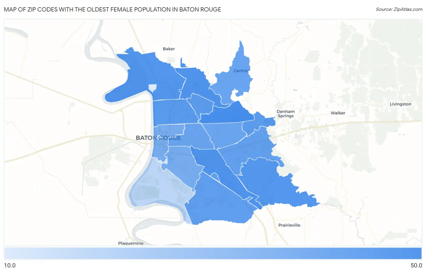 Zip Codes with the Oldest Female Population in Baton Rouge Map