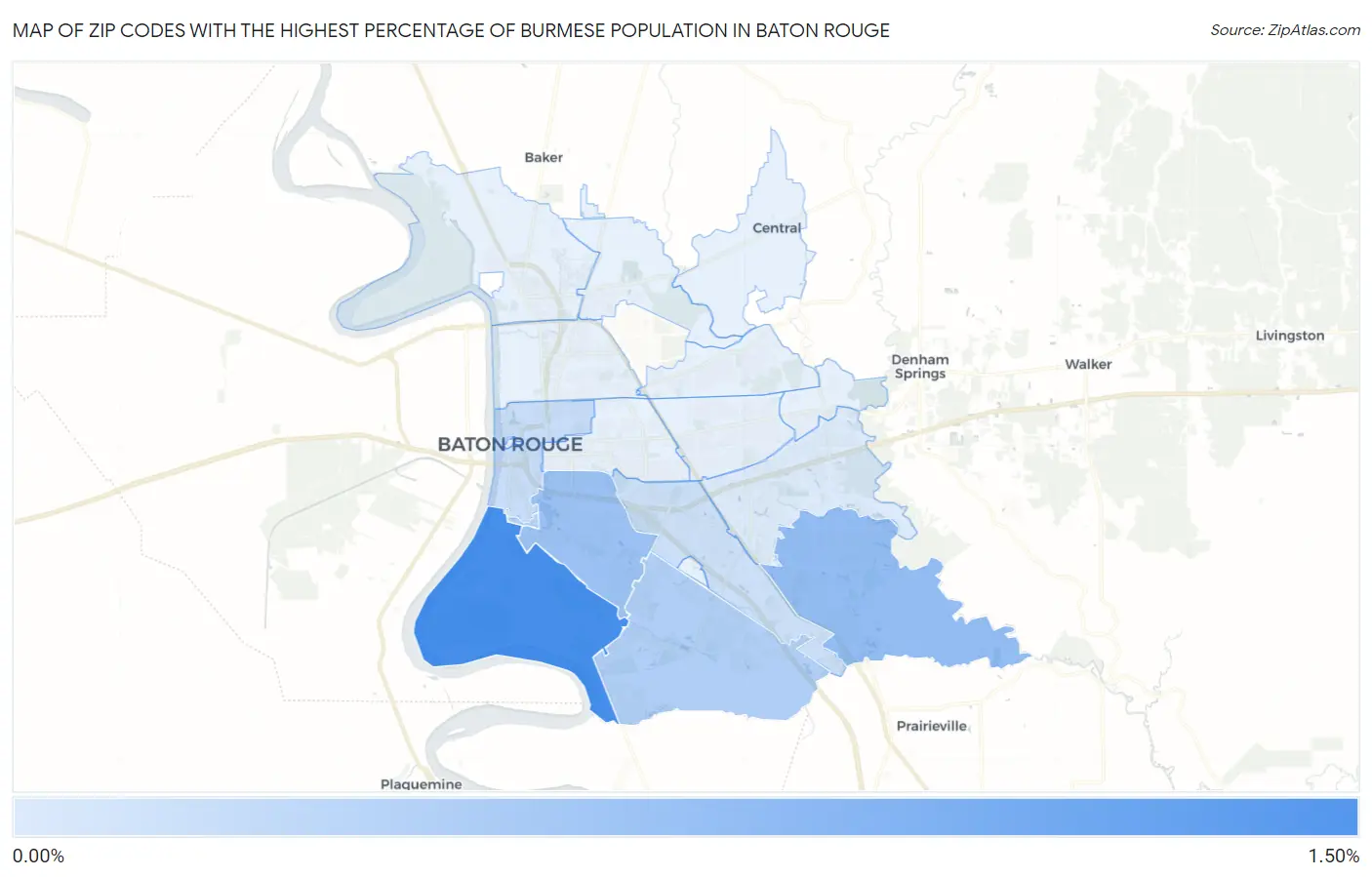 Zip Codes with the Highest Percentage of Burmese Population in Baton Rouge Map
