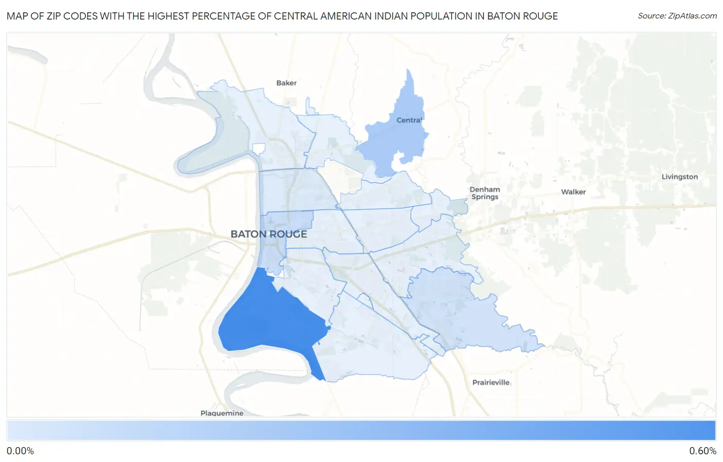 Zip Codes with the Highest Percentage of Central American Indian Population in Baton Rouge Map