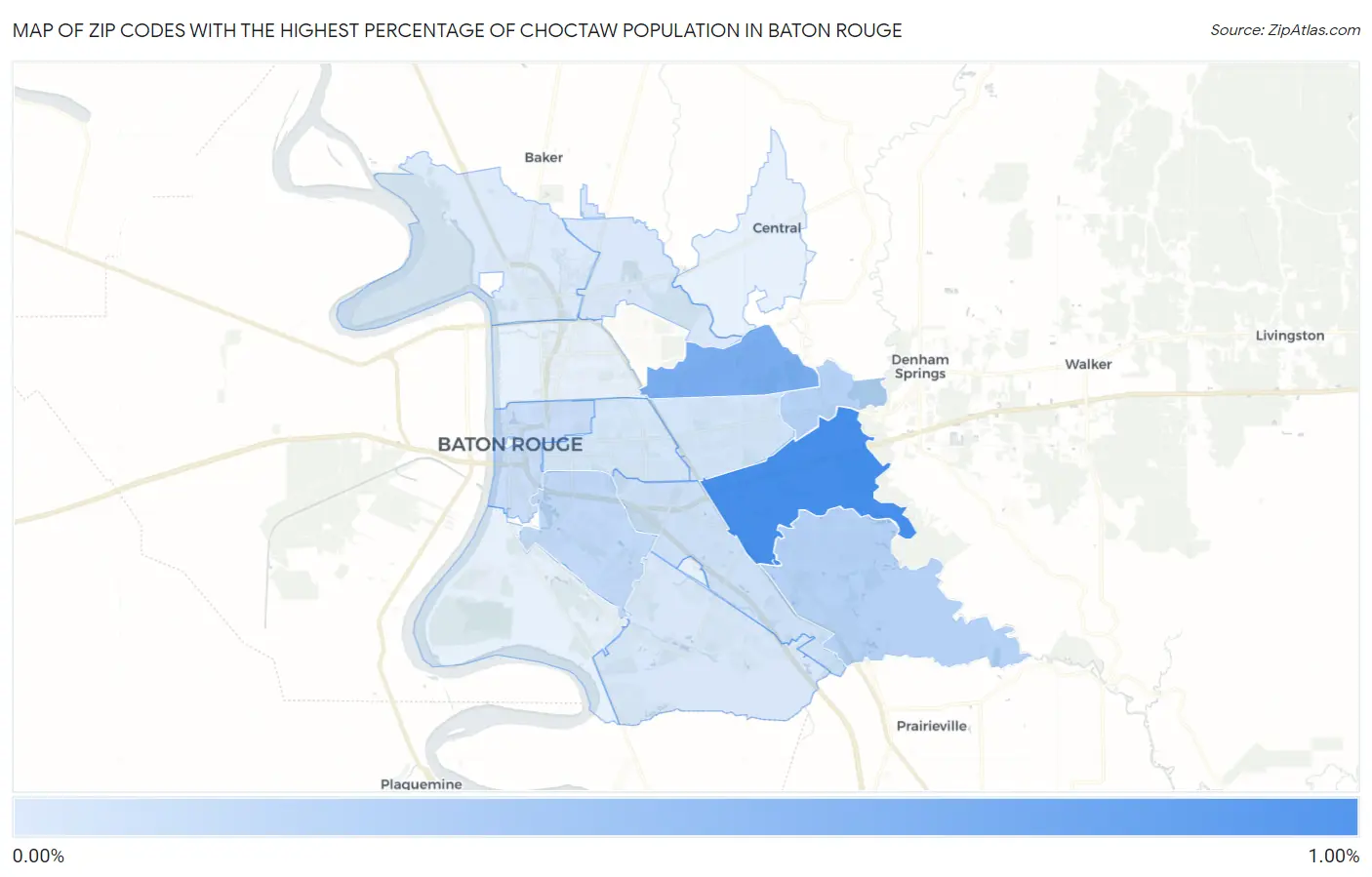 Zip Codes with the Highest Percentage of Choctaw Population in Baton Rouge Map
