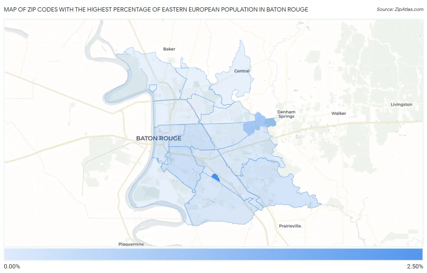 Zip Codes with the Highest Percentage of Eastern European Population in Baton Rouge Map