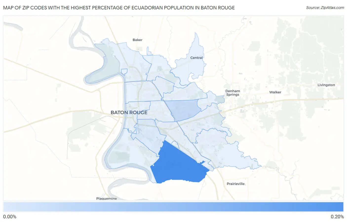 Zip Codes with the Highest Percentage of Ecuadorian Population in Baton Rouge Map