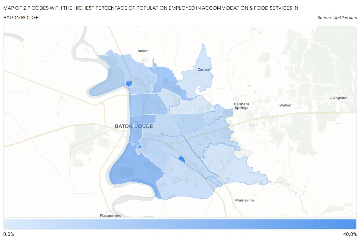 Zip Codes with the Highest Percentage of Population Employed in Accommodation & Food Services in Baton Rouge Map