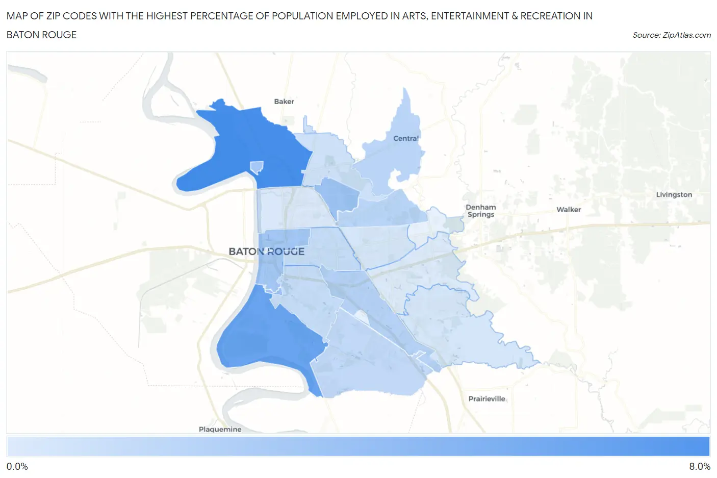 Zip Codes with the Highest Percentage of Population Employed in Arts, Entertainment & Recreation in Baton Rouge Map