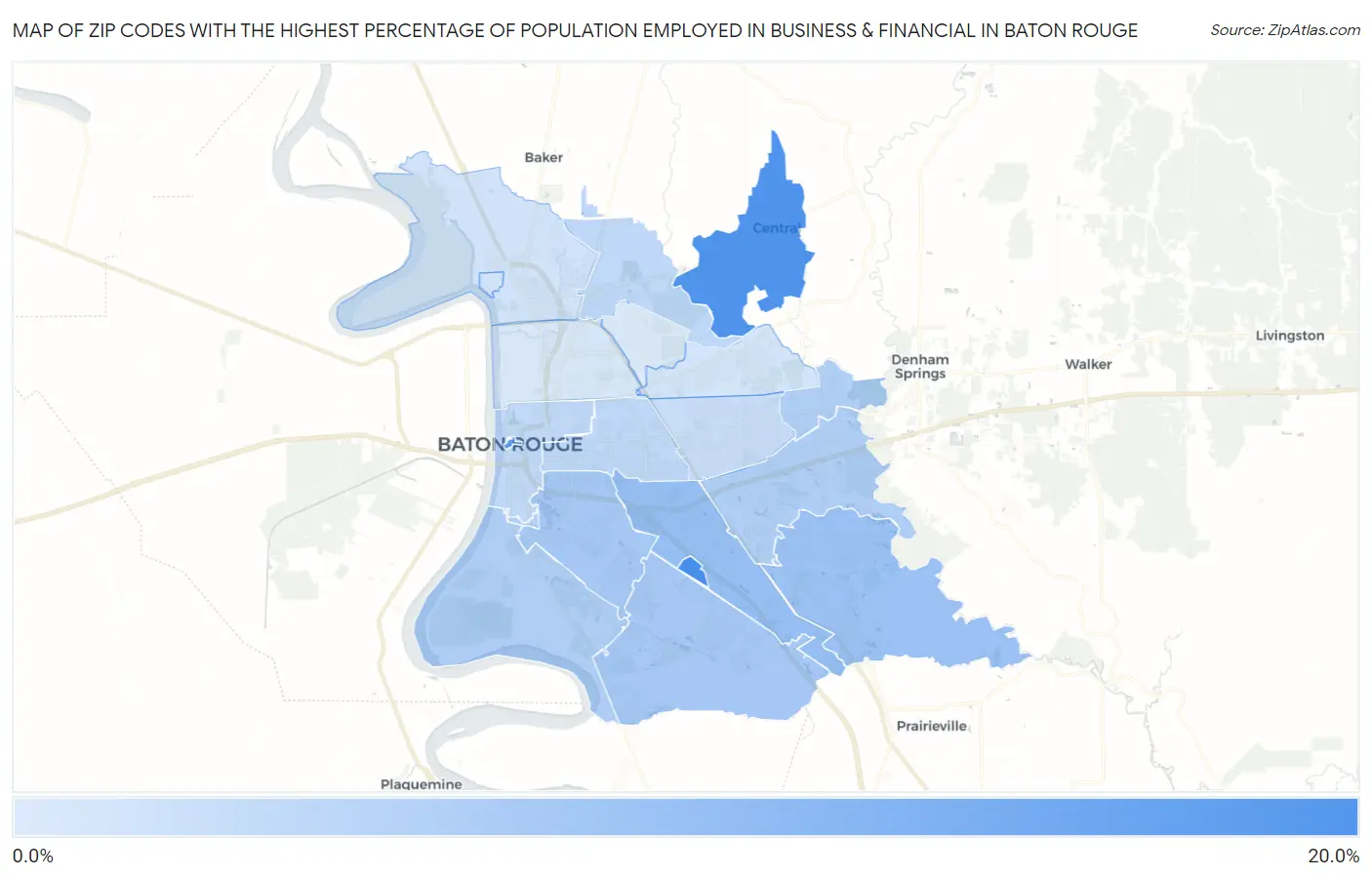 Zip Codes with the Highest Percentage of Population Employed in Business & Financial in Baton Rouge Map