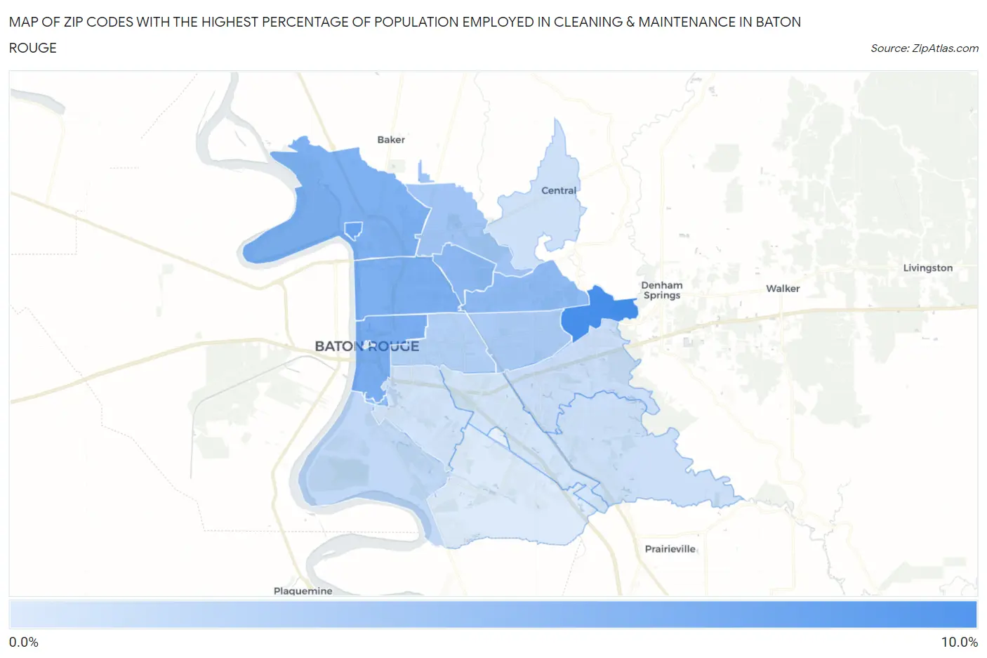 Zip Codes with the Highest Percentage of Population Employed in Cleaning & Maintenance in Baton Rouge Map