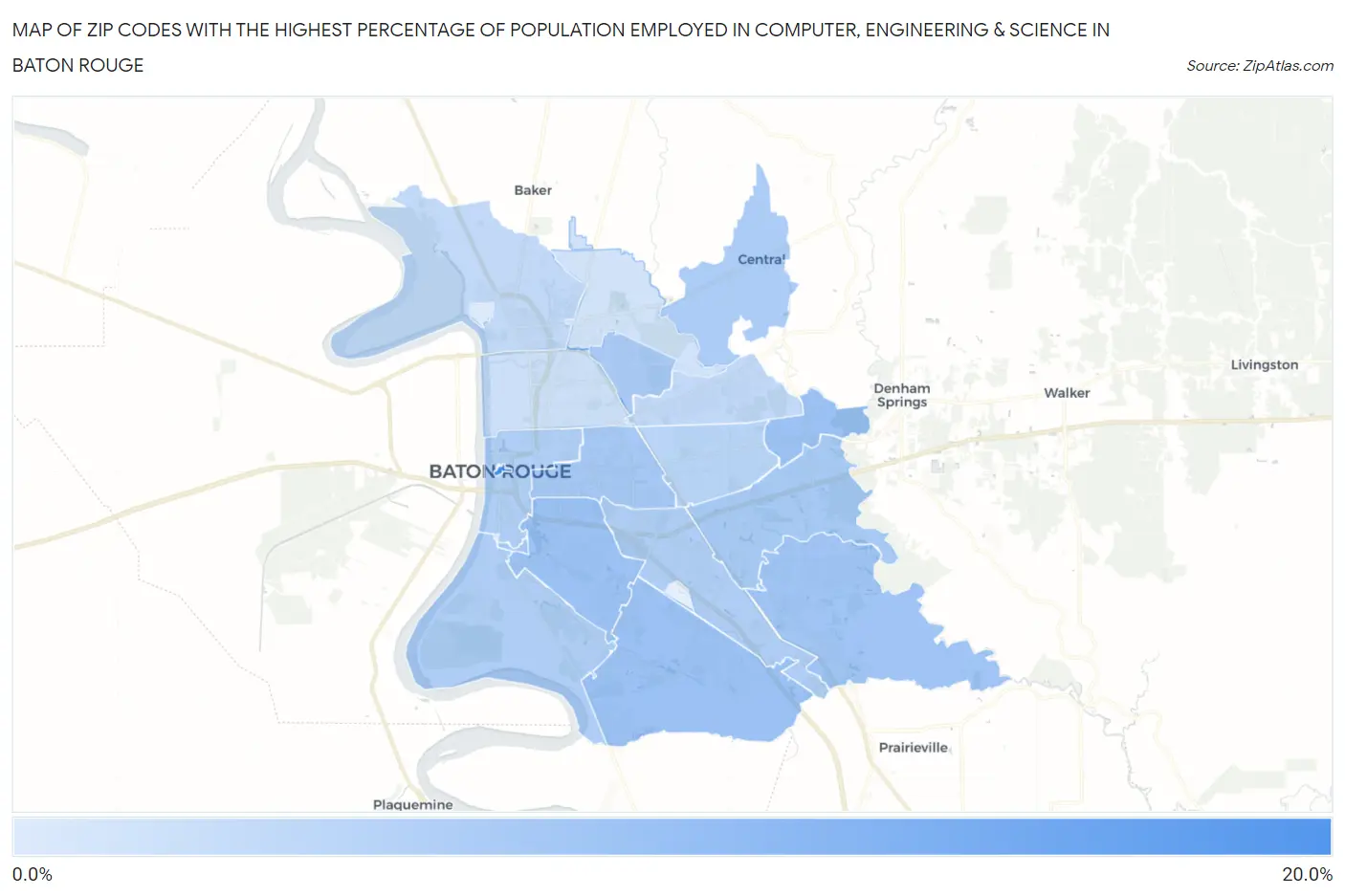 Zip Codes with the Highest Percentage of Population Employed in Computer, Engineering & Science in Baton Rouge Map