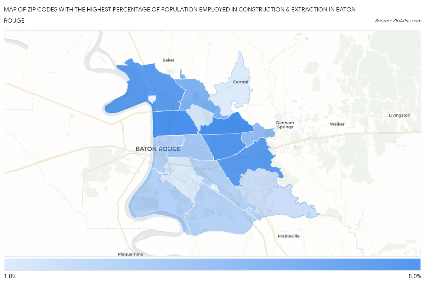 Zip Codes with the Highest Percentage of Population Employed in Construction & Extraction in Baton Rouge Map