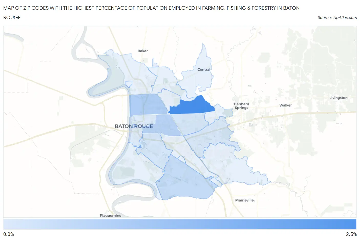 Zip Codes with the Highest Percentage of Population Employed in Farming, Fishing & Forestry in Baton Rouge Map